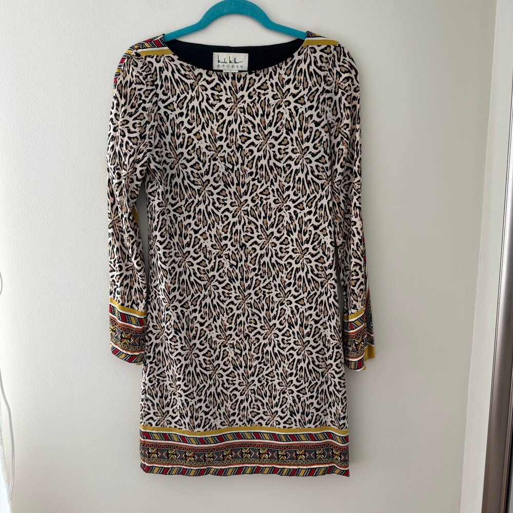 Nicole Miller Studio Leopard Print Silk Blend Mini Dress Geometric Border Petite